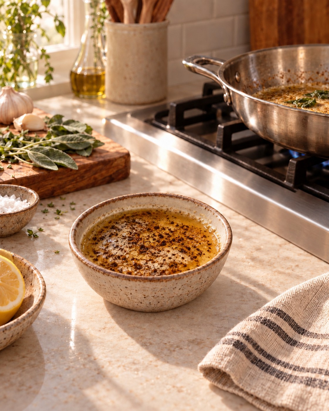 Serving illustration of HANKSONS Brown Butter in a clay bowl beside a home stove