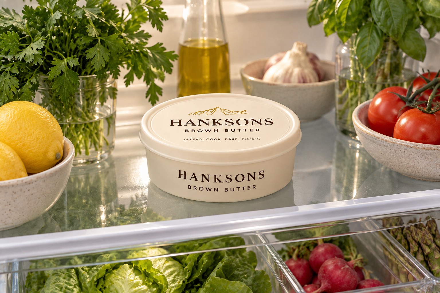 Illustration of HANKSONS on a refrigerator shelf beside herbs and fresh ingredients
