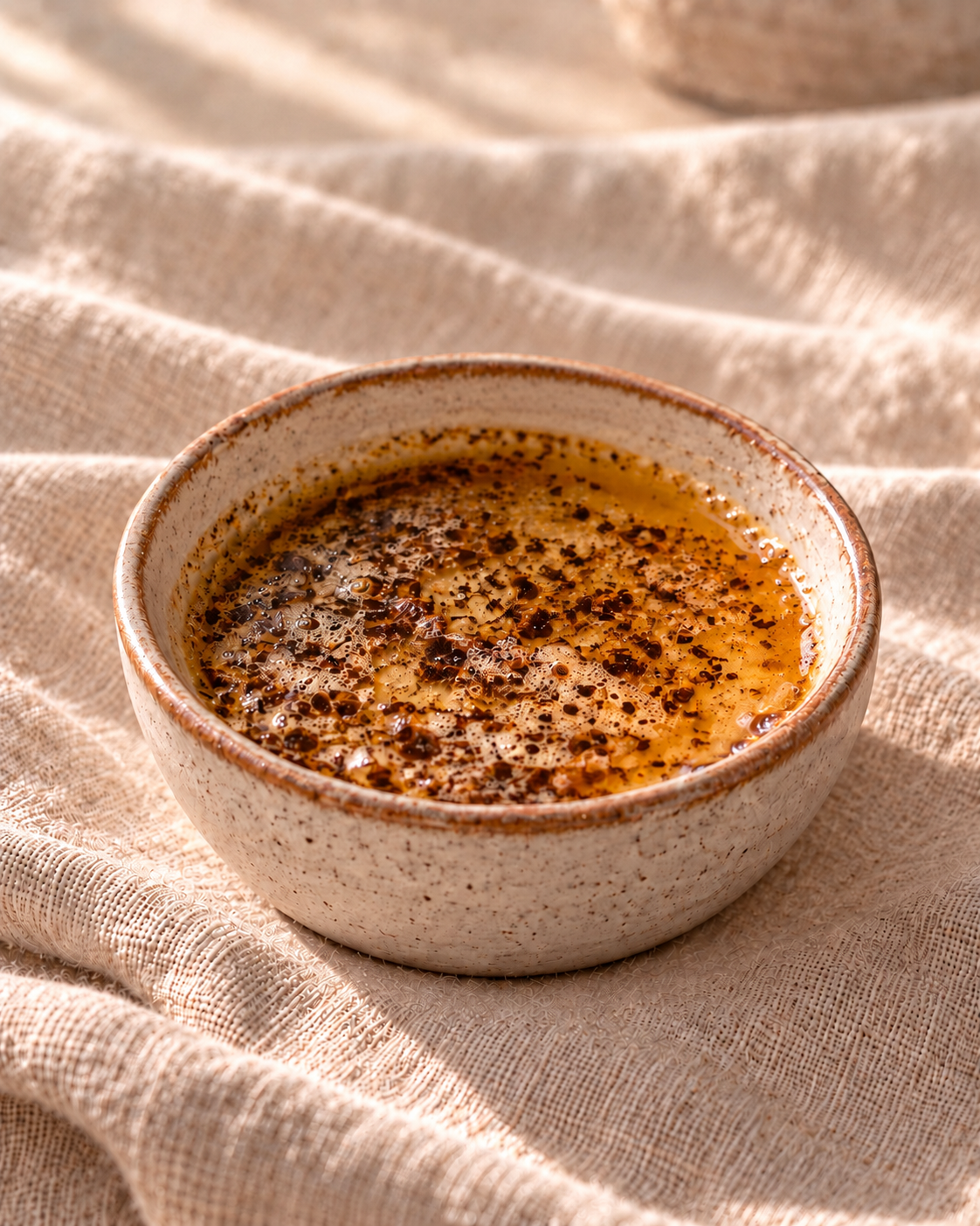 HANKSONS serving illustration of amber Brown Butter with toasted milk solids in a handmade clay bowl