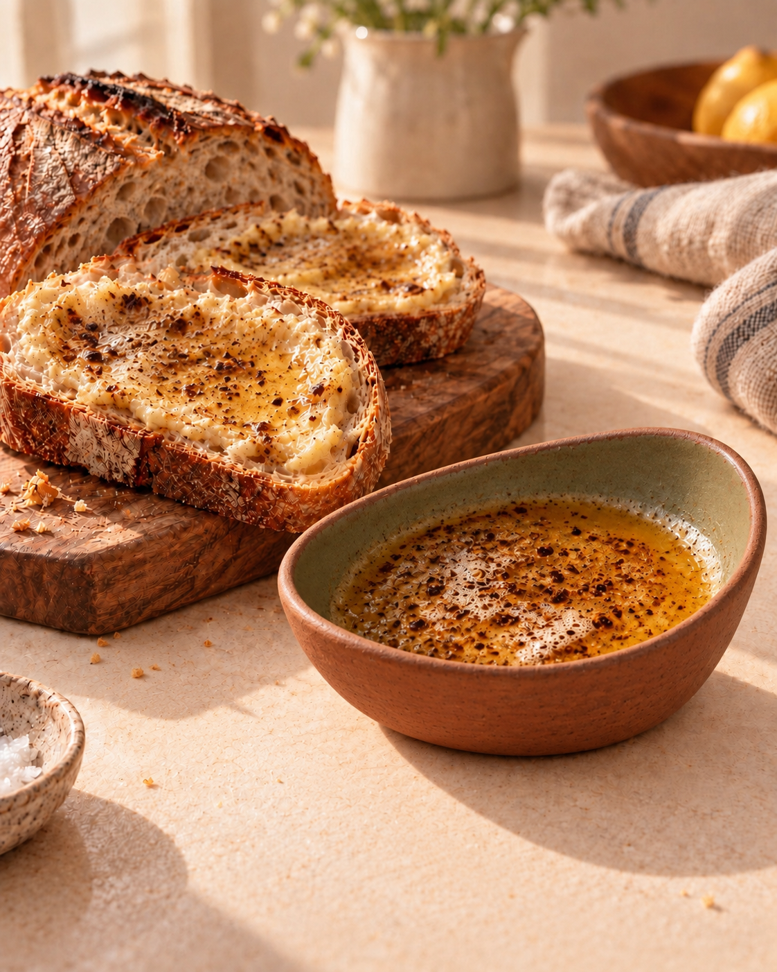 Serving illustration of bread spread with HANKSONS Brown Butter beside a handmade clay bowl