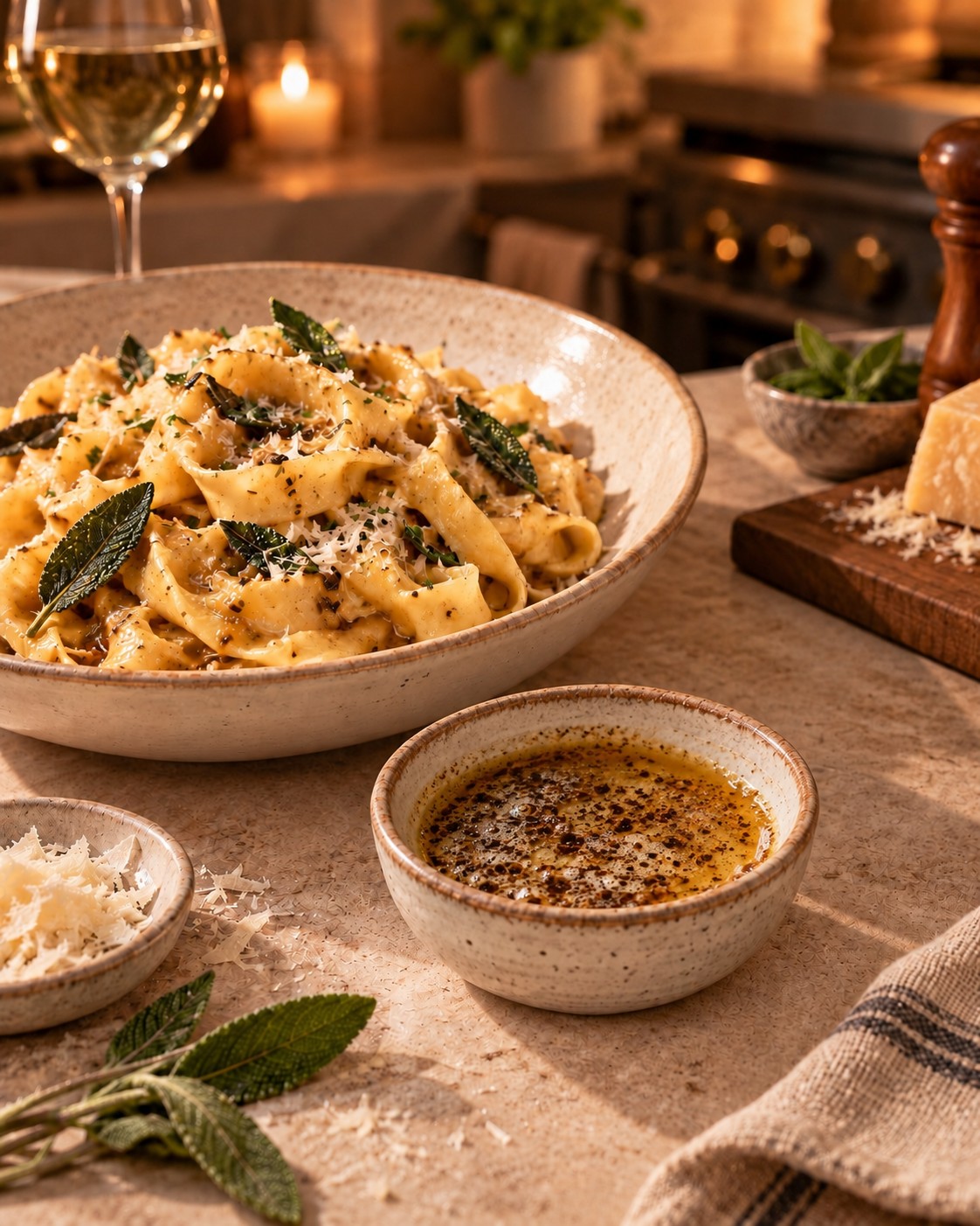 Serving illustration of butter-coated pasta beside HANKSONS Brown Butter in a clay bowl