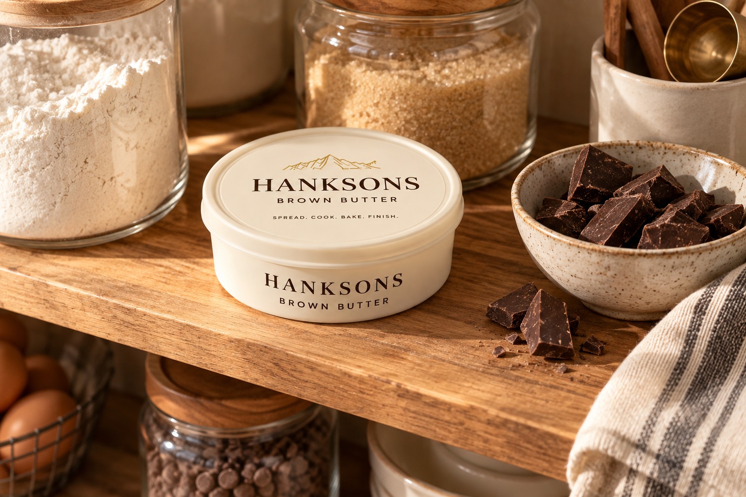 Illustration of HANKSONS beside flour, sugar, oats and chocolate in a warm wooden pantry